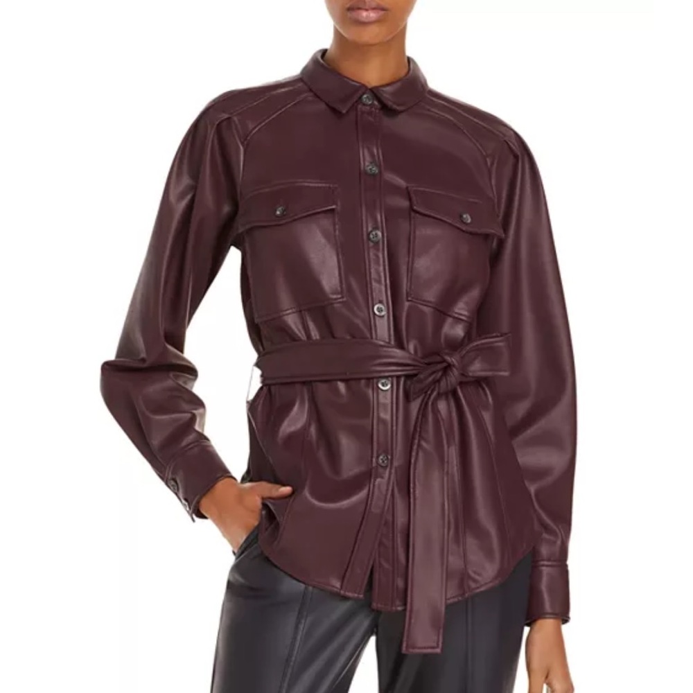 Rebecca Taylor rich burgundy vegan leather shirt jacket with removable belt tie